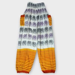 Fashion Terminal Elephant Print Harem Pants Womens OS White Boho Smocked Joggers